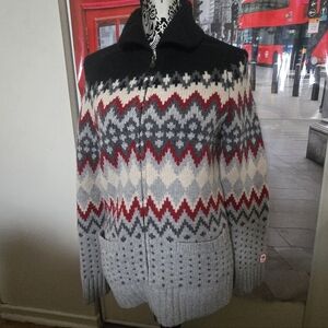Nordic Pattern Zip-Up Knit Cardigan - Red, Gray, Black, Cream